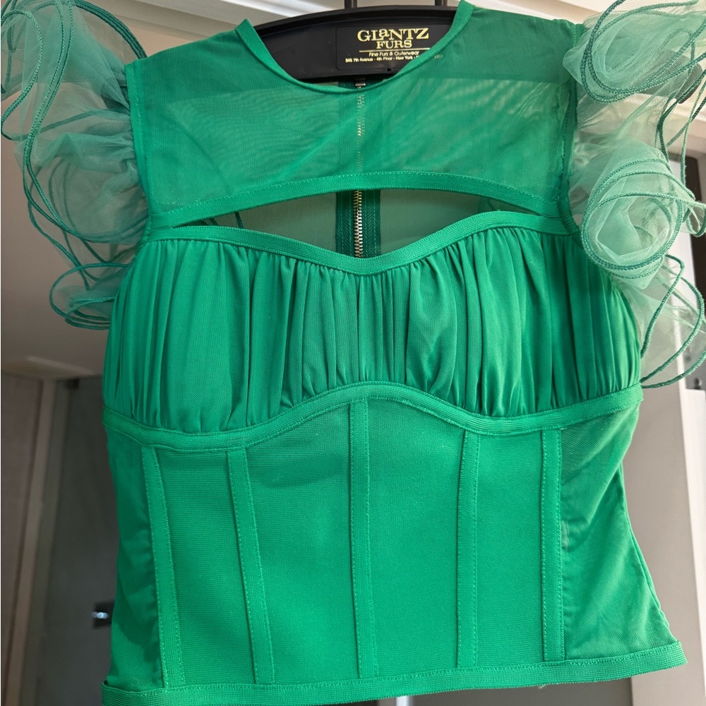 Karen Millen Emerald Green Blouse with Sheer Puff Sleeves